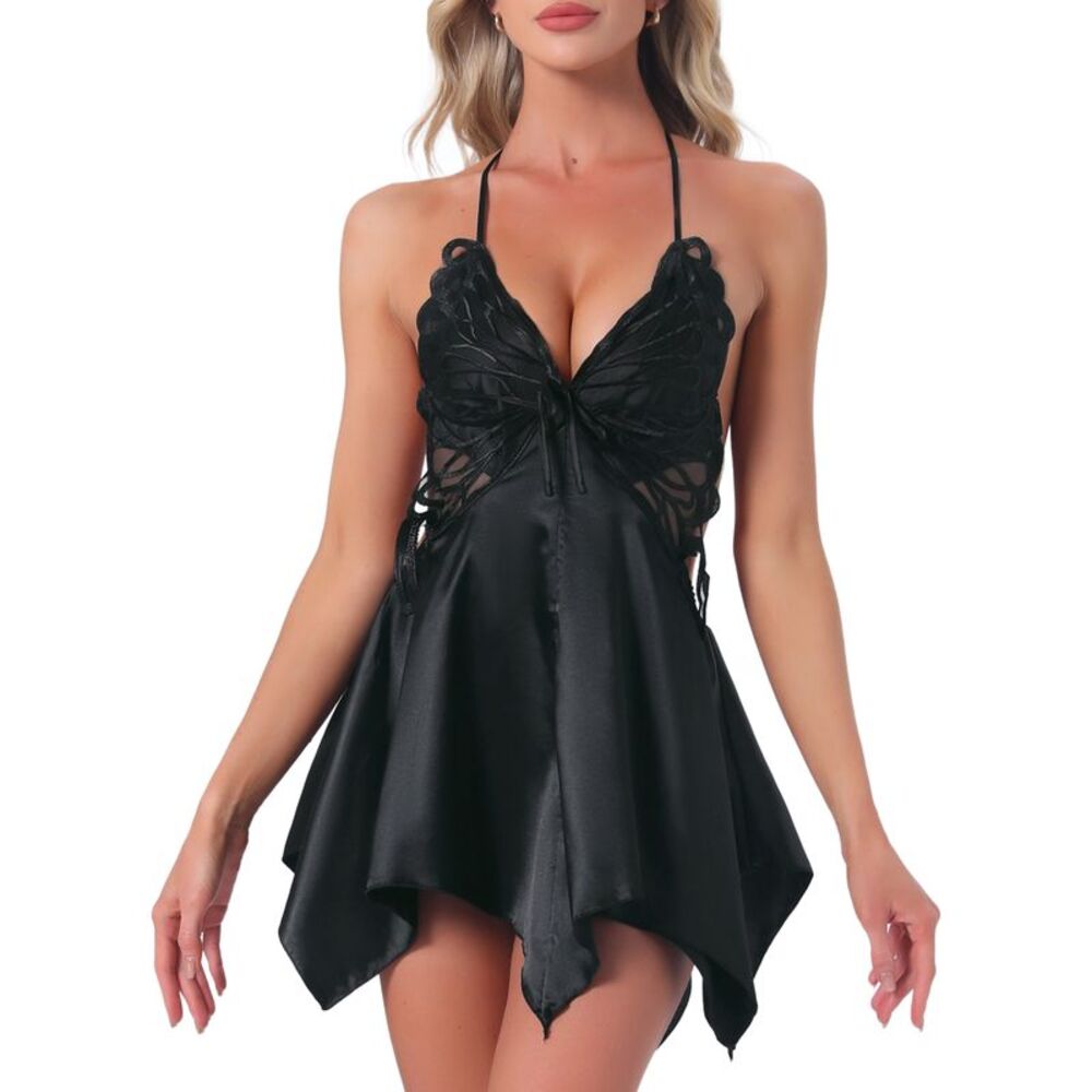 Women's Satin V Neck Halter Open Back Cami Teddy Lingerie Black